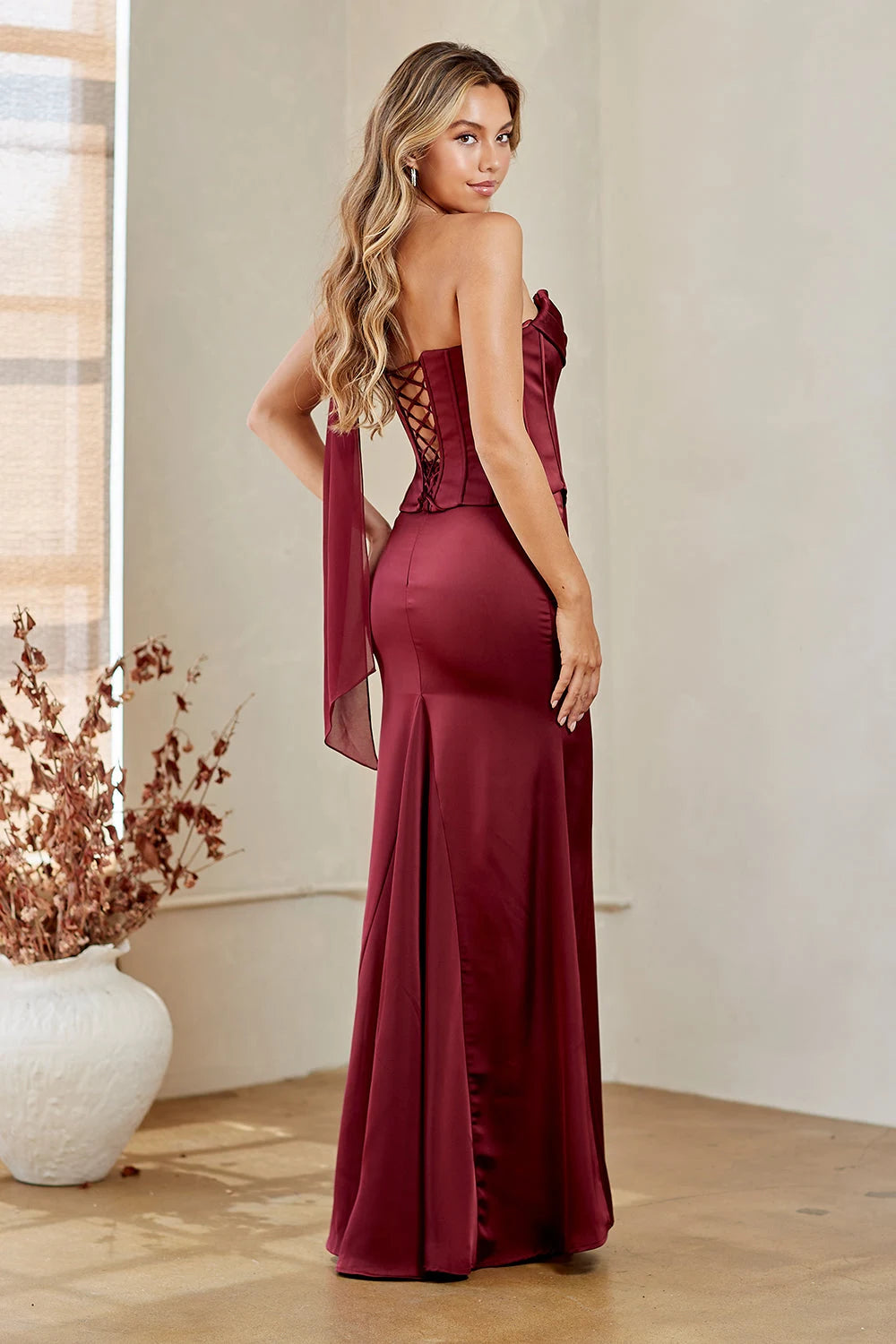 Elegant Mermaid Strapless Corset Draped Burgundy Floor-Length Prom Dress Women's Gown