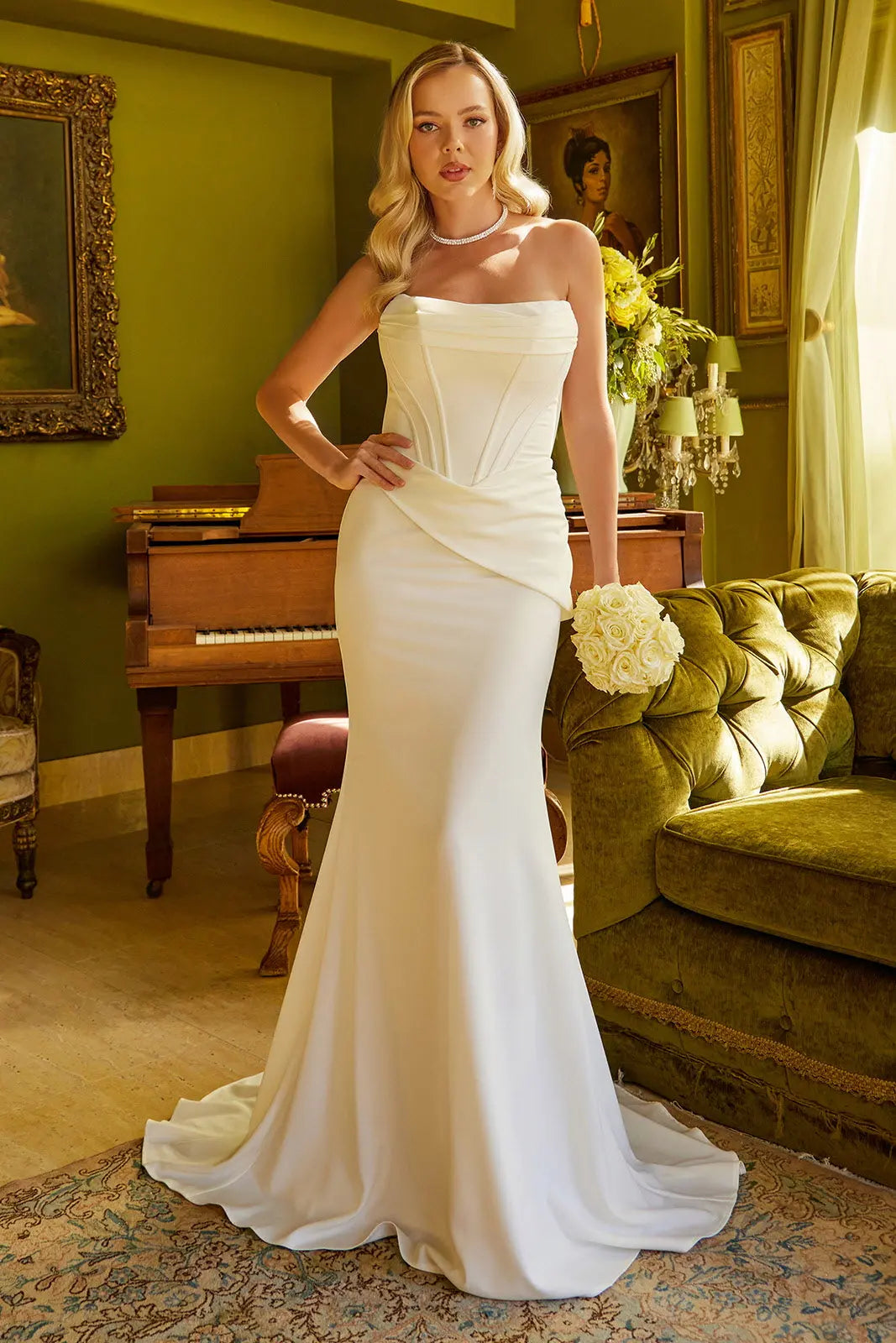 Elegant Mermaid Strapless Corset Draped Ivory Floor-Length Prom Gown