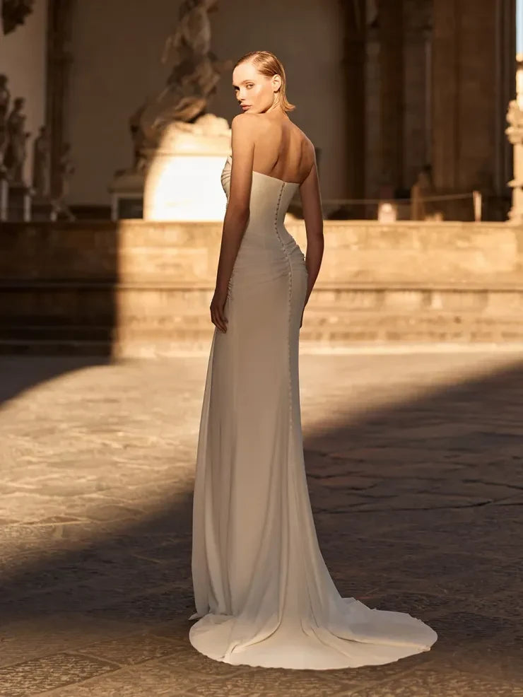 Elegant Mermaid Strapless Draped Ruched Ivory Floor-Length Wedding Dress for Bride