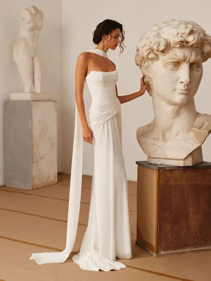 Elegant Mermaid Strapless Draped Ruched Ivory Floor-Length Wedding Dress for Bride