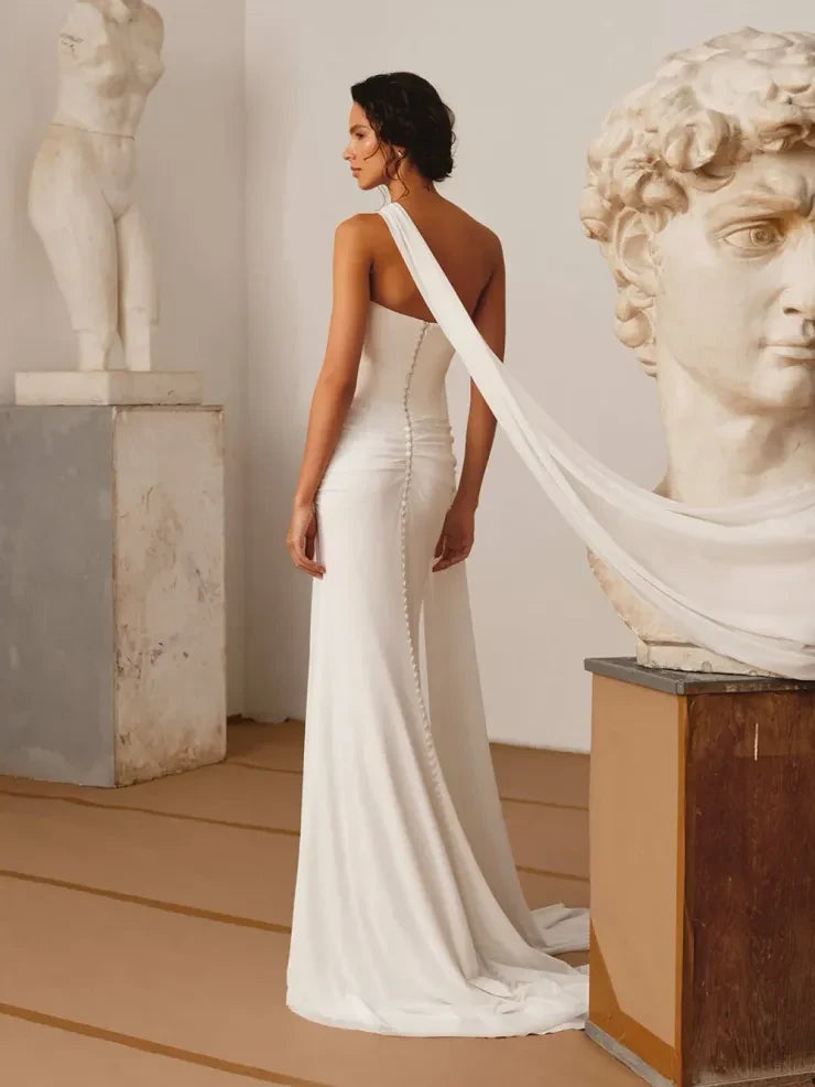 Elegant Mermaid Strapless Draped Ruched Ivory Floor-Length Wedding Dress for Bride