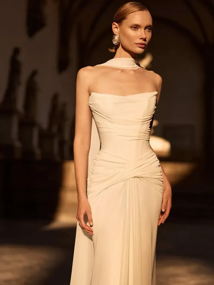 Elegant Mermaid Strapless Draped Ruched Ivory Floor-Length Wedding Dress for Bride