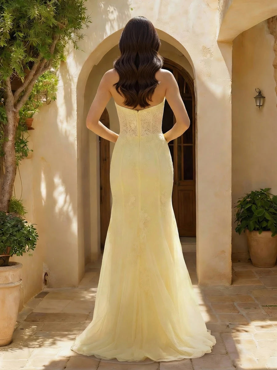 Elegant Mermaid Strapless Floral Lace Cutout Pale Yellow Floor-Length Prom Dresses Gown