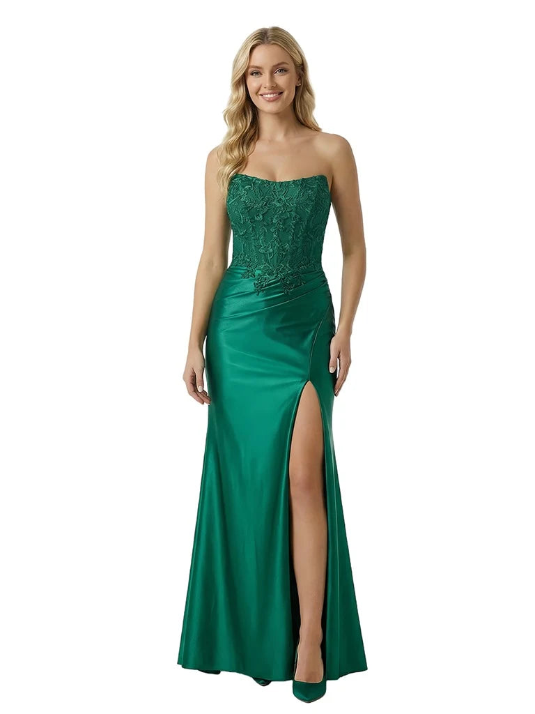 Elegant Mermaid Strapless High Slit Ruched Emerald Green Floor-Length Prom Dresses Gown