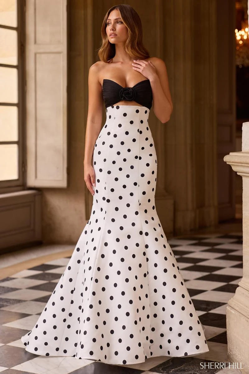 Elegant Mermaid Strapless Polka Dot Black White Floor-Length Prom Gown