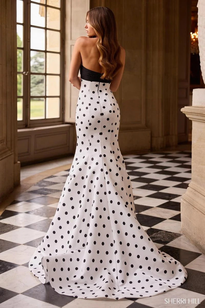 Elegant Mermaid Strapless Polka Dot Black White Floor-Length Prom Gown