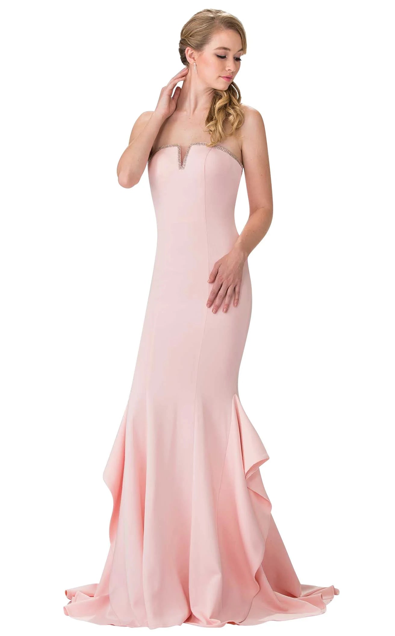 Elegant Mermaid Strapless Ruffled Blush Pink Floor-Length Prom Dress Women's Gown