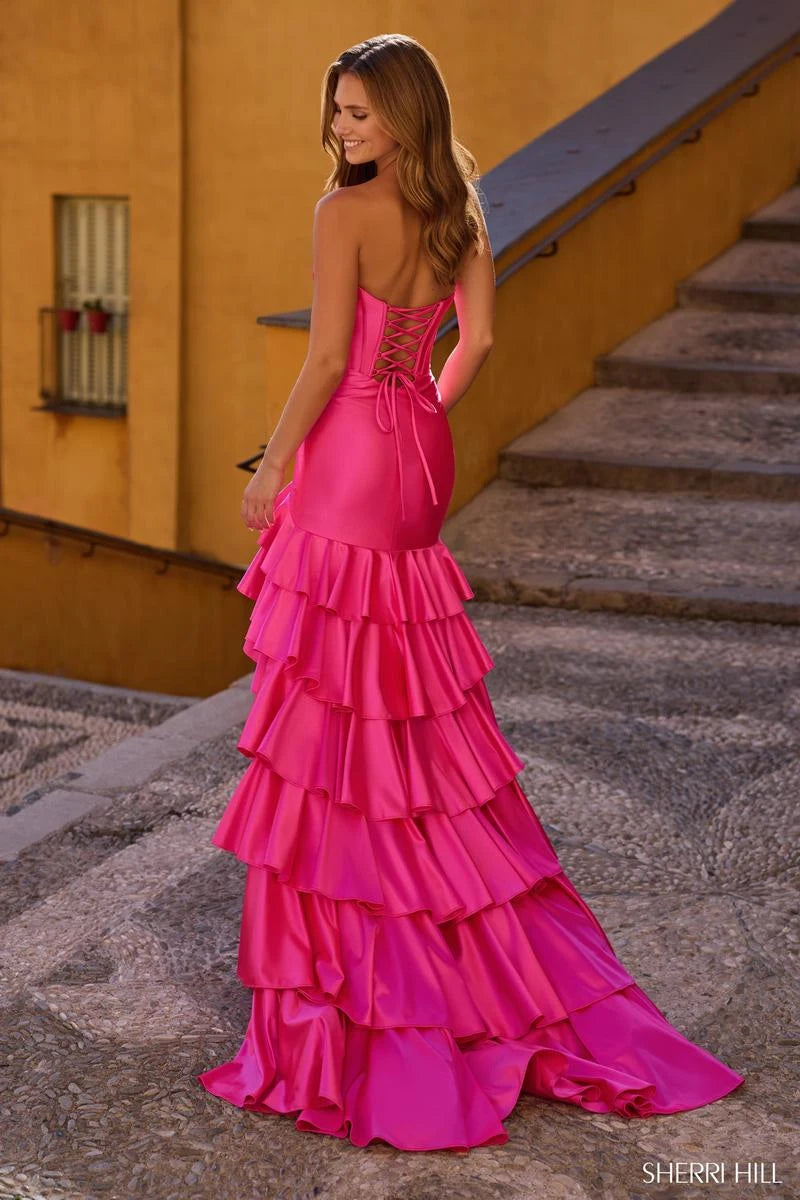 Elegant Mermaid Strapless Ruffled High-Slit Fuchsia Floor-Length Prom Dress