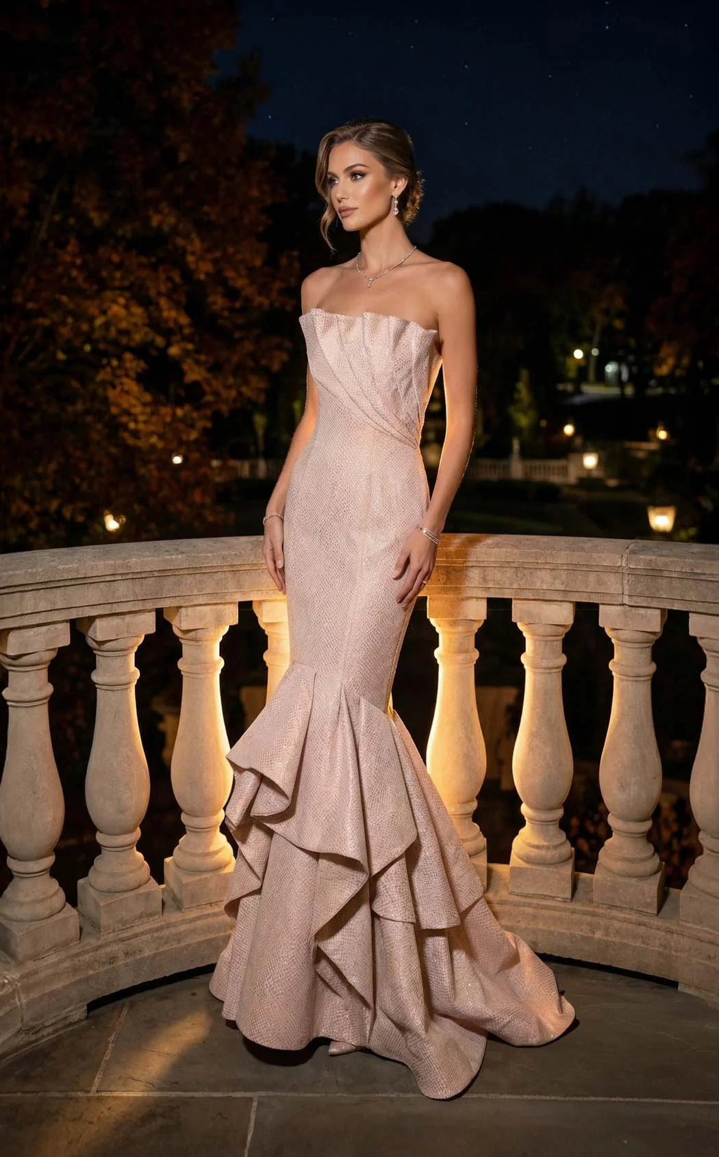Elegant Mermaid Strapless Ruffled Shimmering Rose Gold Floor-Length Prom Gown