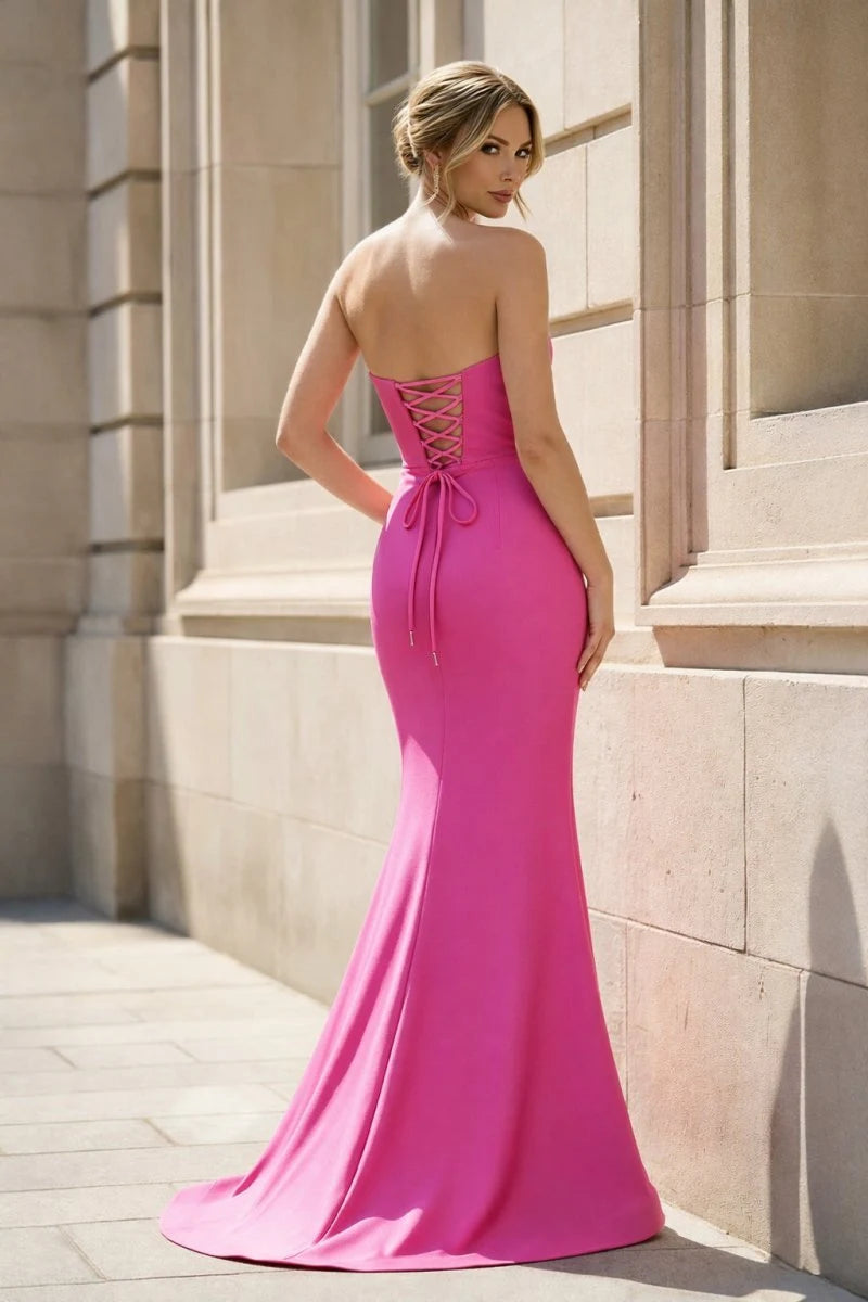 Elegant Mermaid Strapless Sleeveless Beaded Corset Pink Long Prom Dresses Women