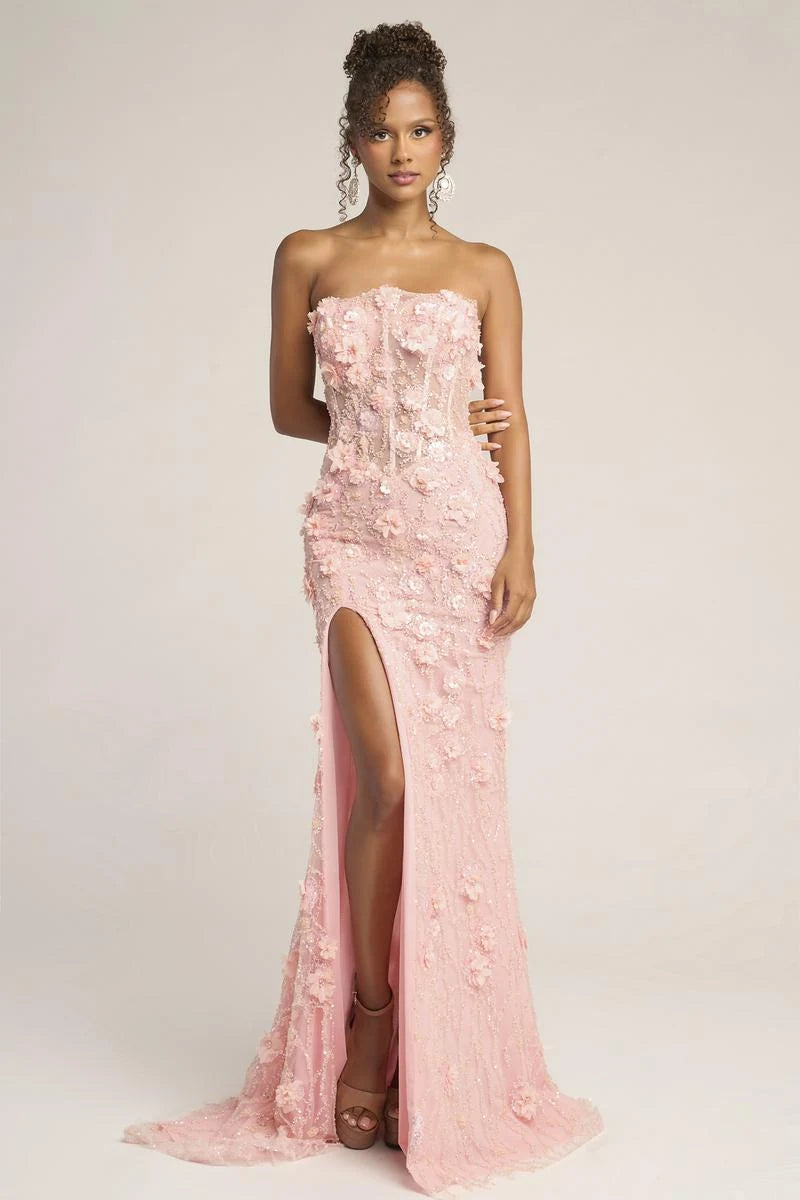 Elegant Mermaid Strapless Sleeveless Beaded Floral Blush Pink Floor-Length Prom Gown