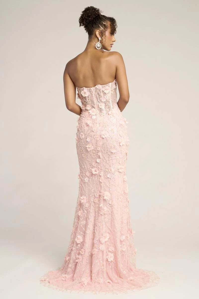 Elegant Mermaid Strapless Sleeveless Beaded Floral Blush Pink Floor-Length Prom Gown