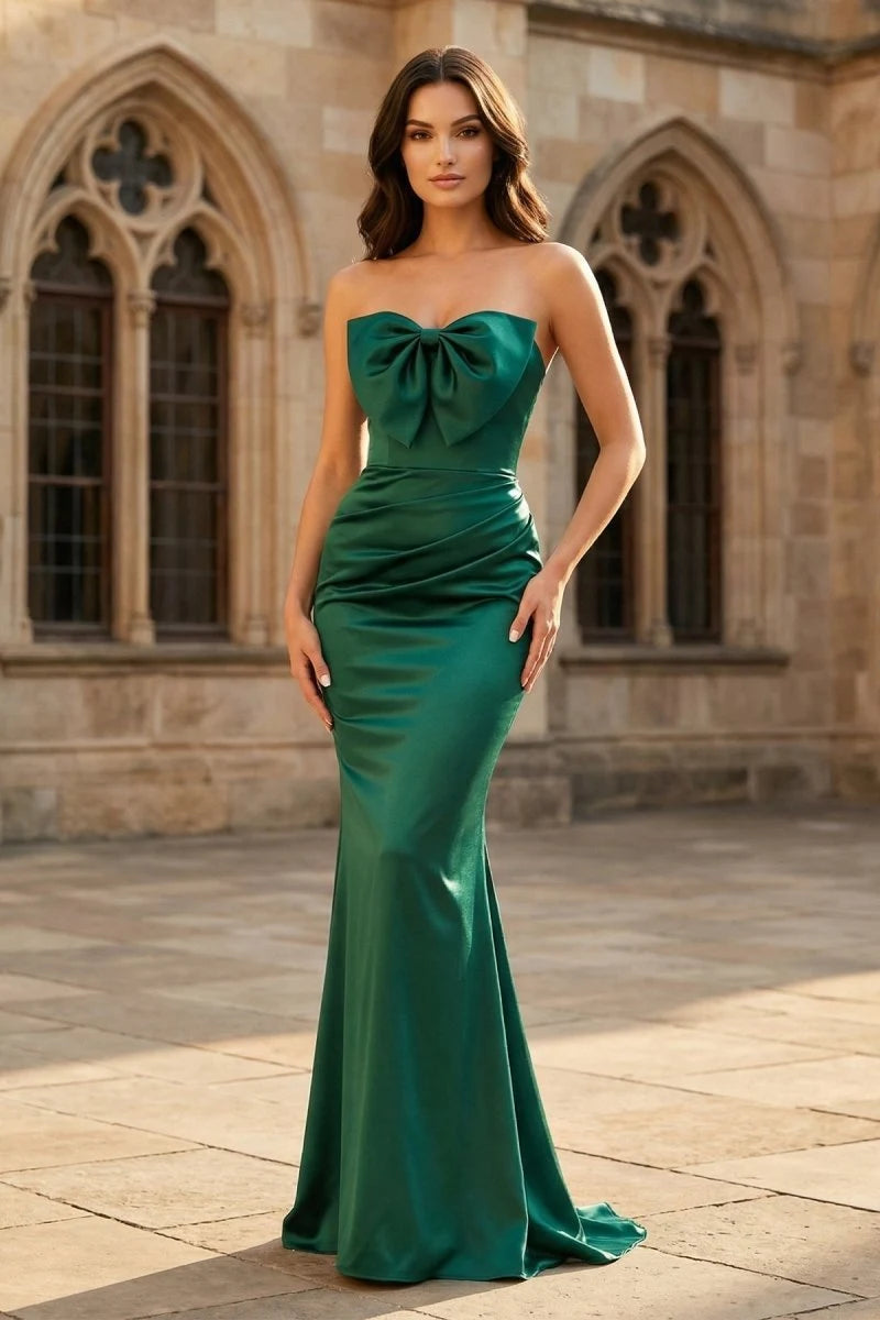 Elegant Mermaid Strapless Sleeveless Bow Ruched Green Long Prom Dresses Gown