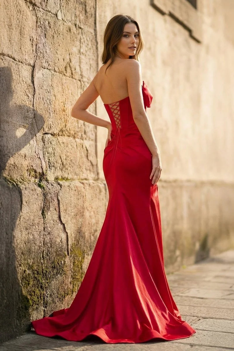Elegant Mermaid Strapless Sleeveless Bow Slit Red Long Prom Dresses