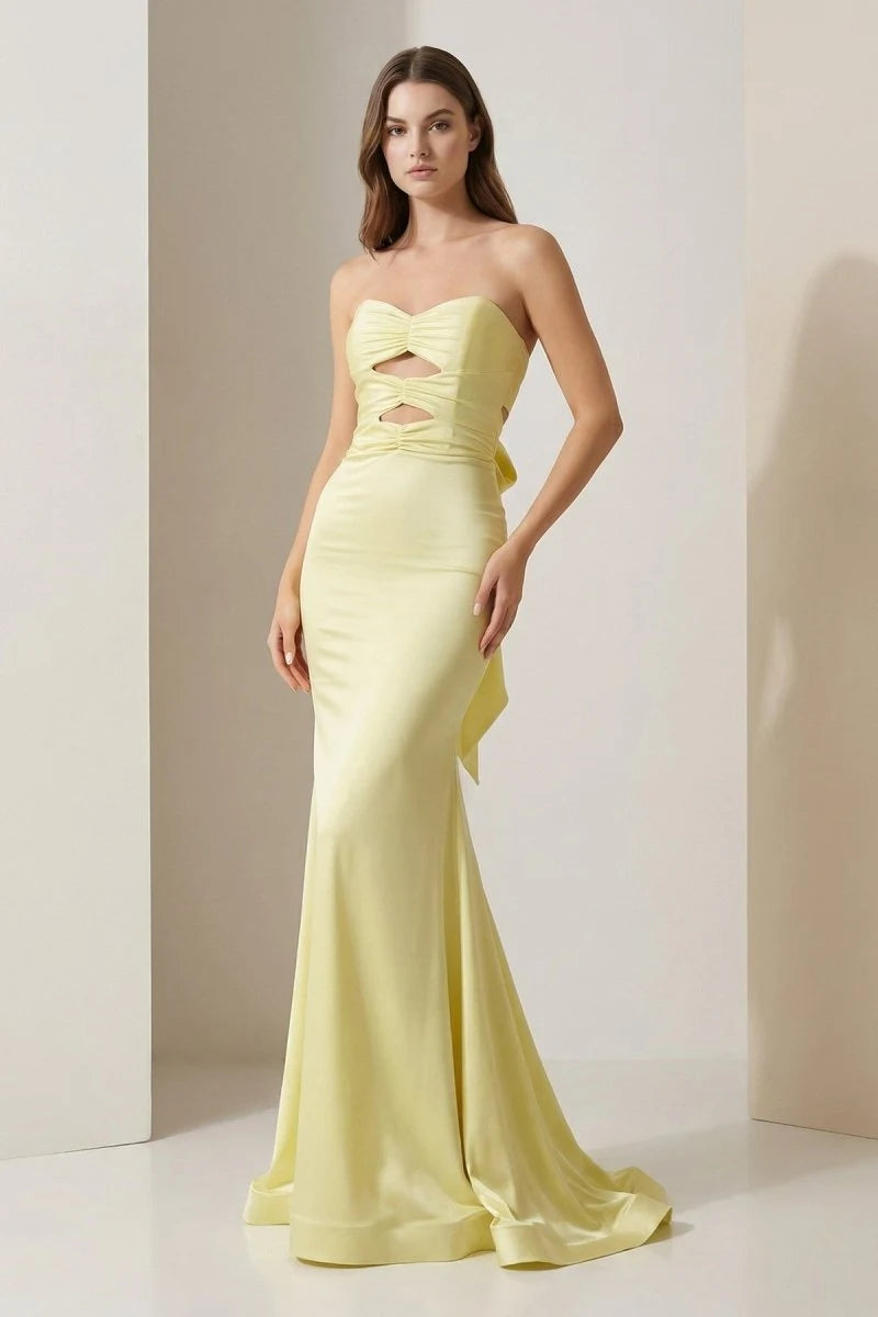 Elegant Mermaid Strapless Sleeveless Cutout Bow-Back Yellow Long Prom Dresses Gown