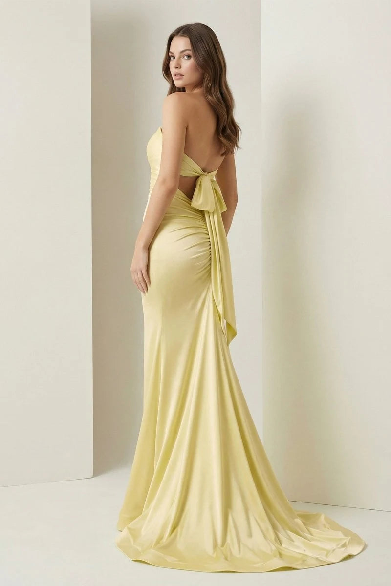 Elegant Mermaid Strapless Sleeveless Cutout Bow-Back Yellow Long Prom Dresses Gown