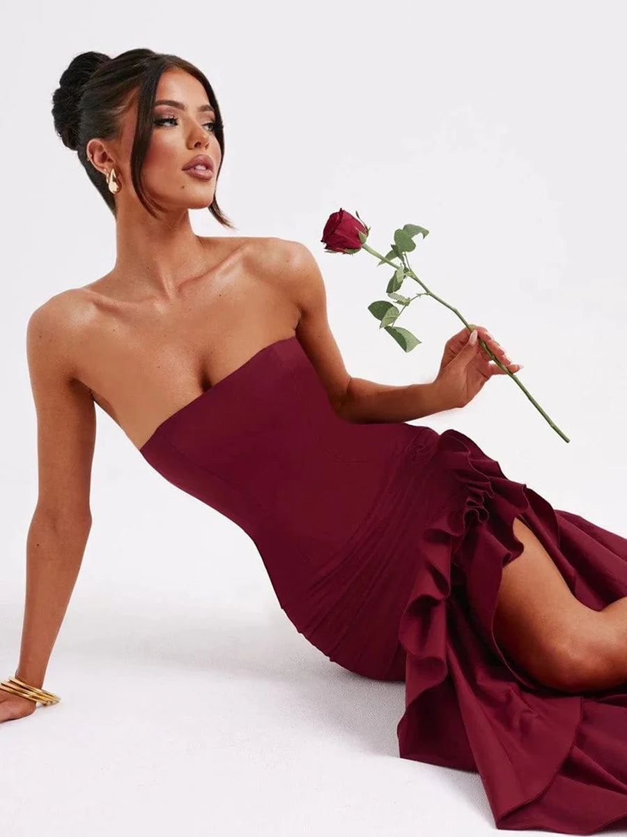 Elegant Mermaid Strapless Sleeveless Ruffled Slit Burgundy Floor-Length Prom Gown