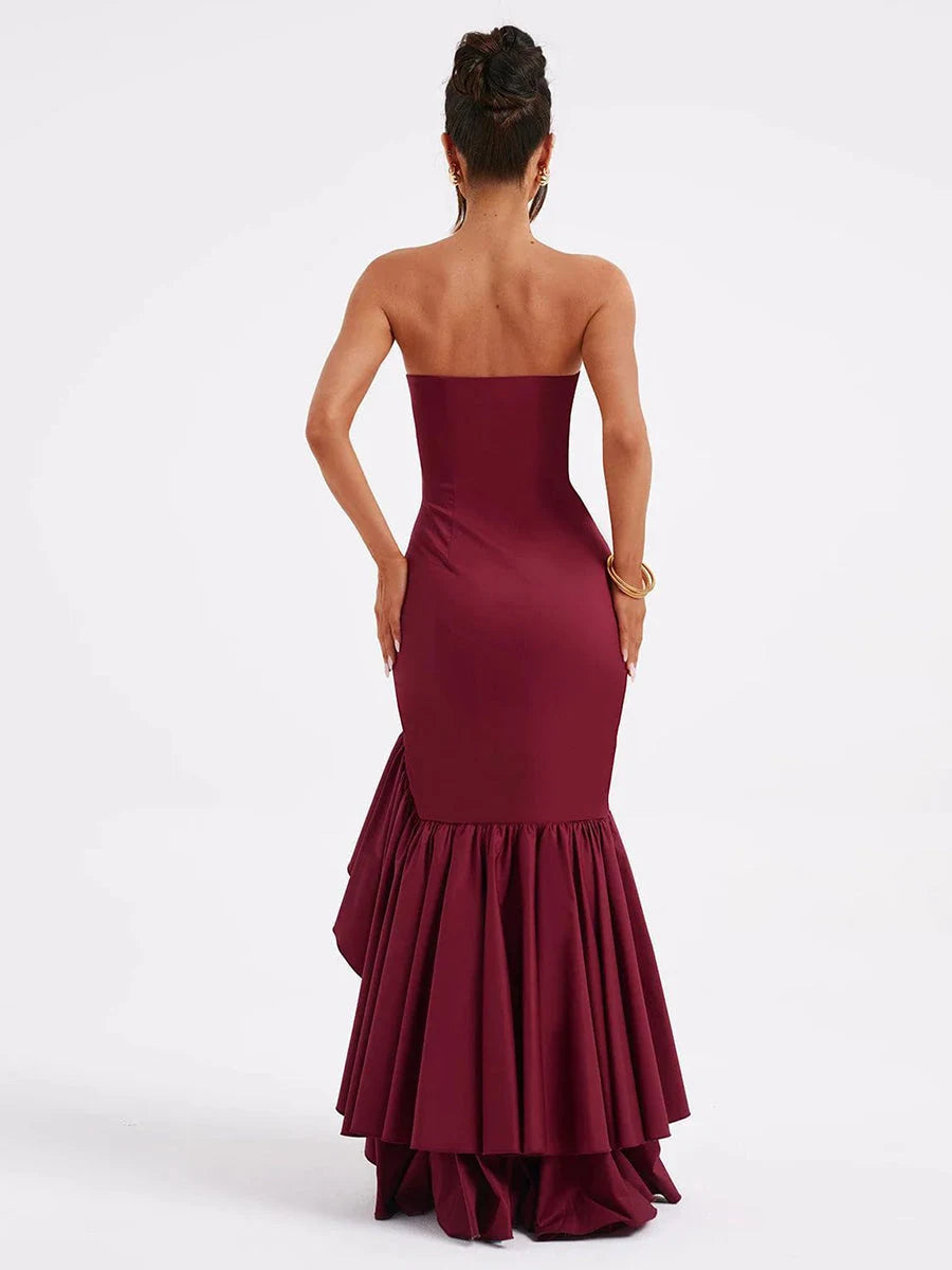 Elegant Mermaid Strapless Sleeveless Ruffled Slit Burgundy Floor-Length Prom Gown