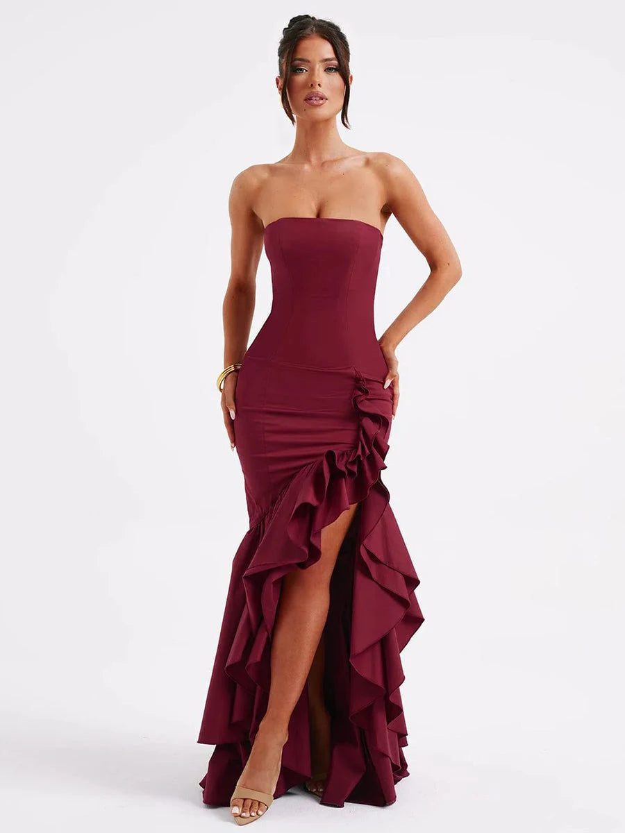 Elegant Mermaid Strapless Sleeveless Ruffled Slit Burgundy Floor-Length Prom Gown
