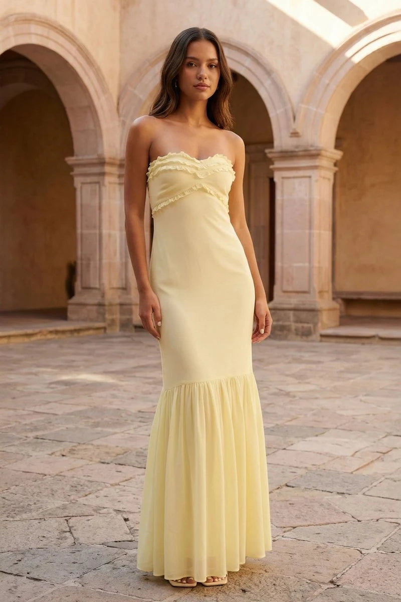 Elegant Mermaid Strapless Sleeveless Ruffled Smocked Yellow Maxi Prom Dresses Women Gown