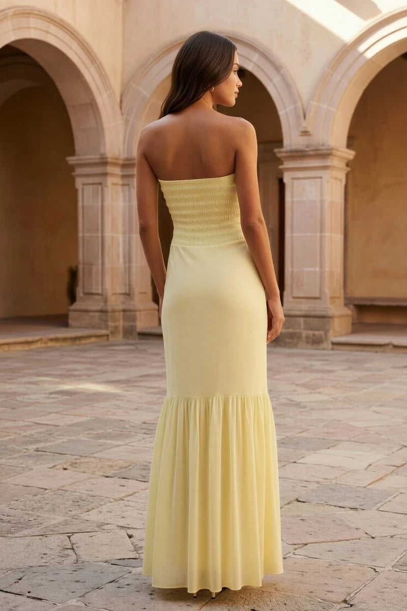 Elegant Mermaid Strapless Sleeveless Ruffled Smocked Yellow Maxi Prom Dresses Women Gown