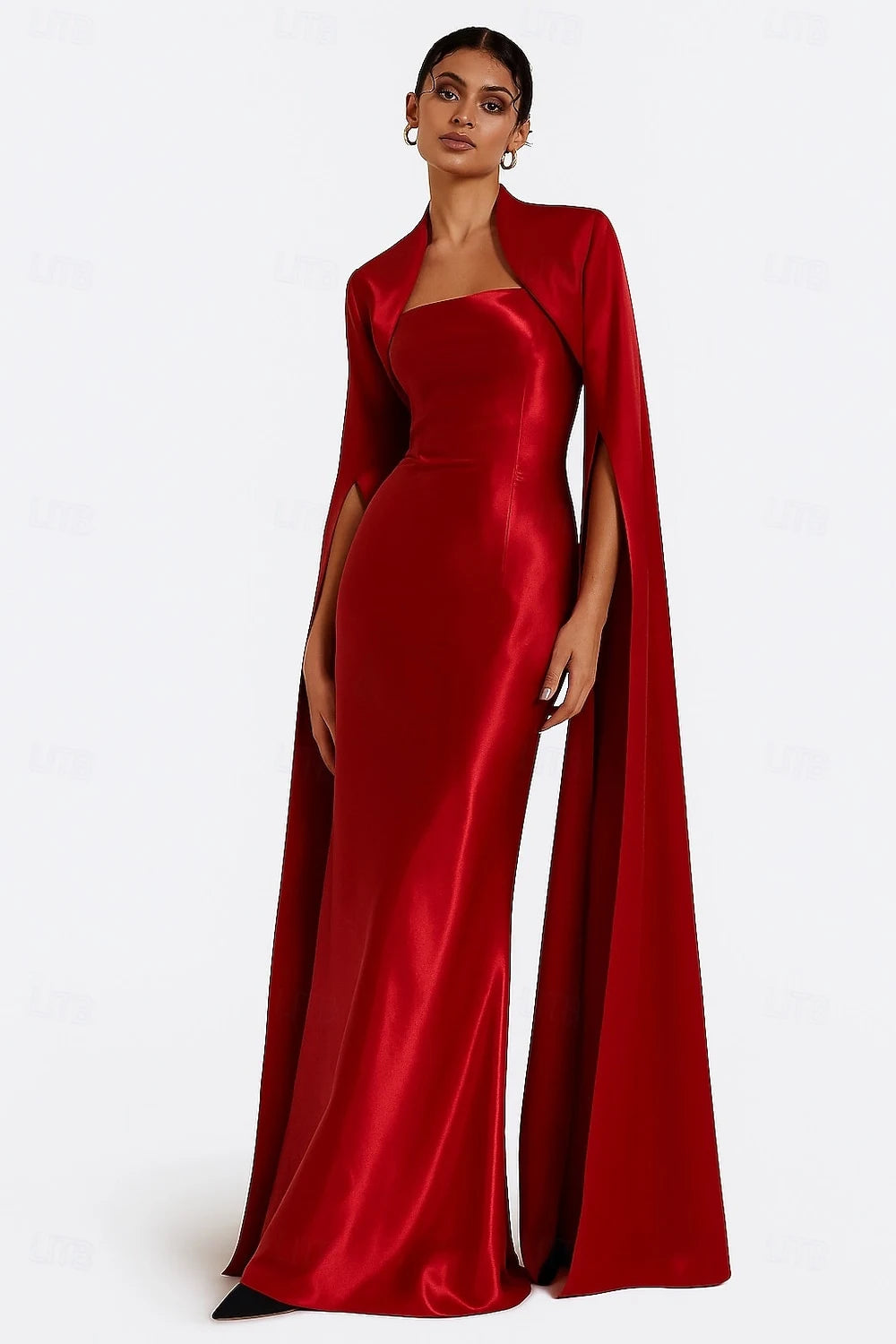 Elegant Mermaid Strapless With Cape Dramatic Red Floor-Length Evening Gown