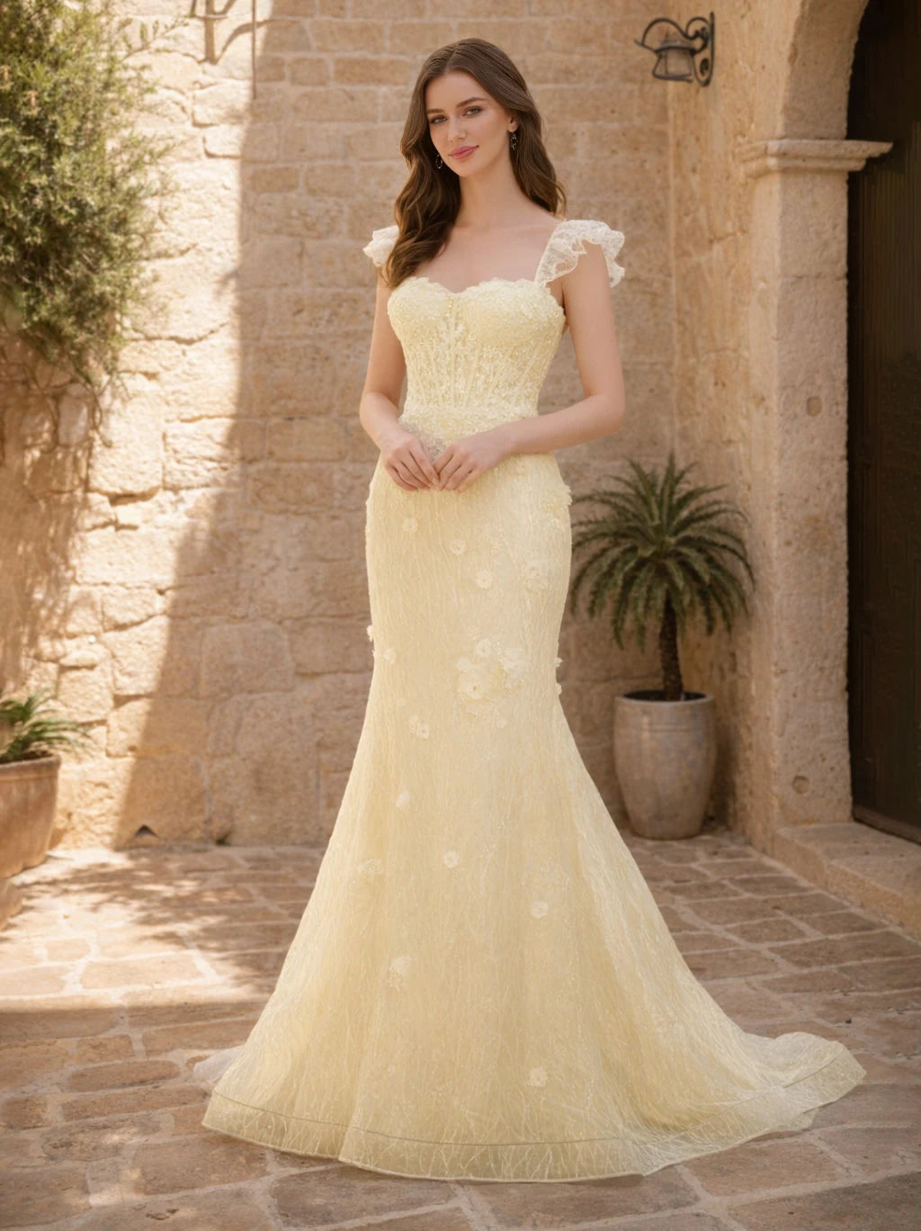 Elegant Mermaid Sweetheart Cap Sleeve Floral Yellow Floor-Length Prom Dresses Women Gown