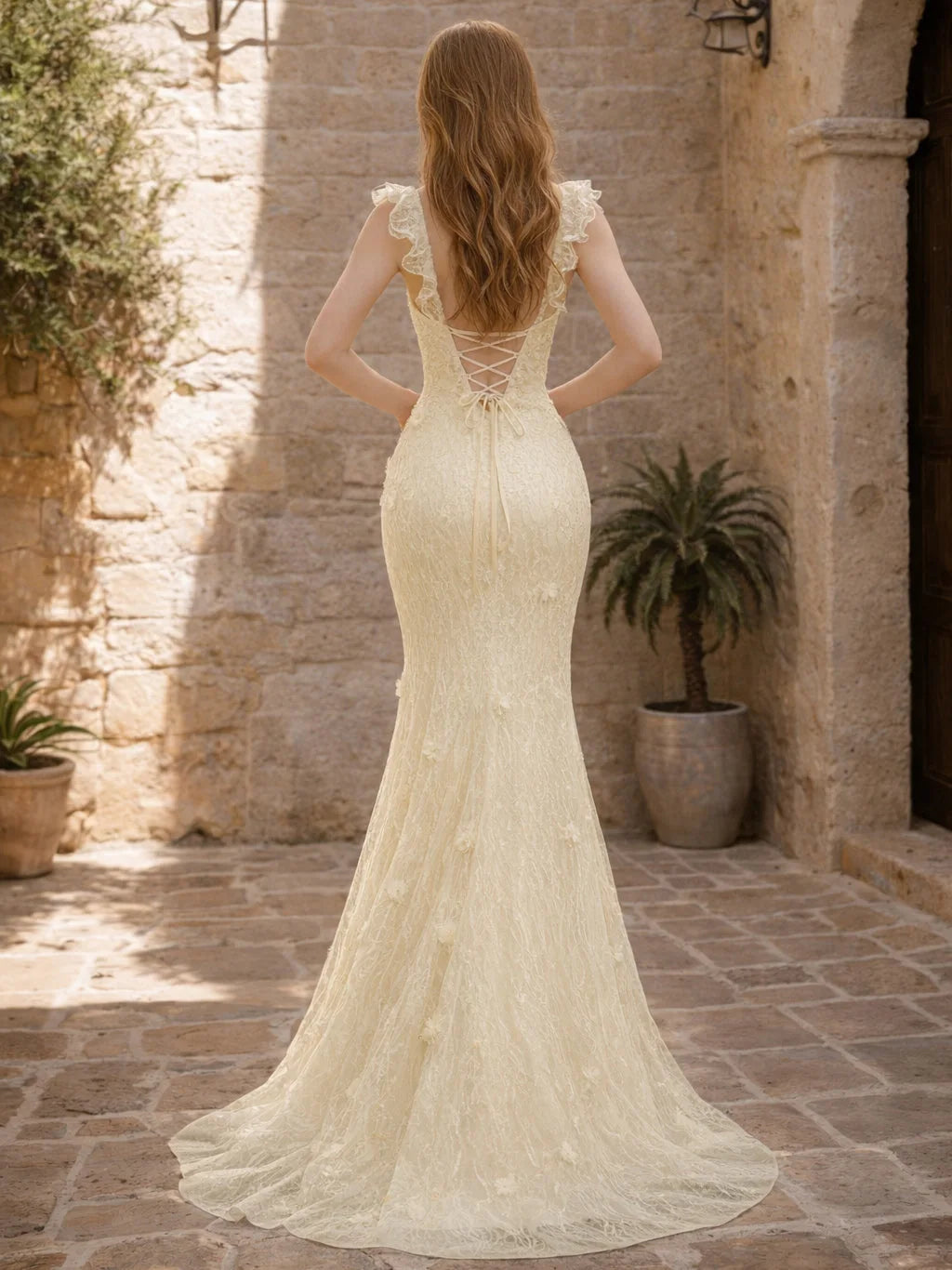 Elegant Mermaid Sweetheart Cap Sleeve Floral Yellow Floor-Length Prom Dresses Women Gown