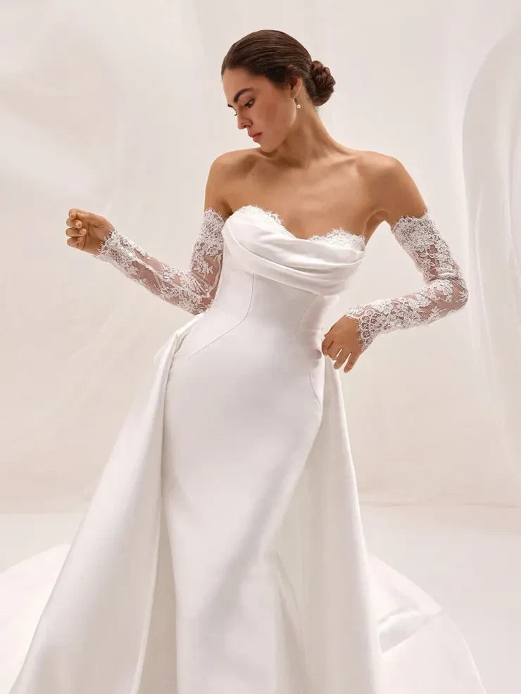 Elegant Mermaid Sweetheart Detachable Lace White Floor-Length Wedding Dresses Gown