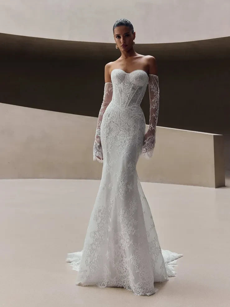 Elegant Mermaid Sweetheart Detachable Sleeved Lace Corset White Floor-Length Wedding Gown