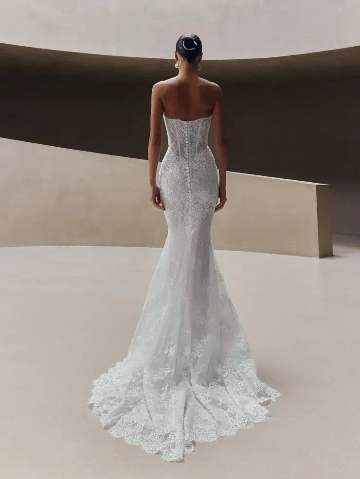 Elegant Mermaid Sweetheart Detachable Sleeved Lace Corset White Floor-Length Wedding Gown