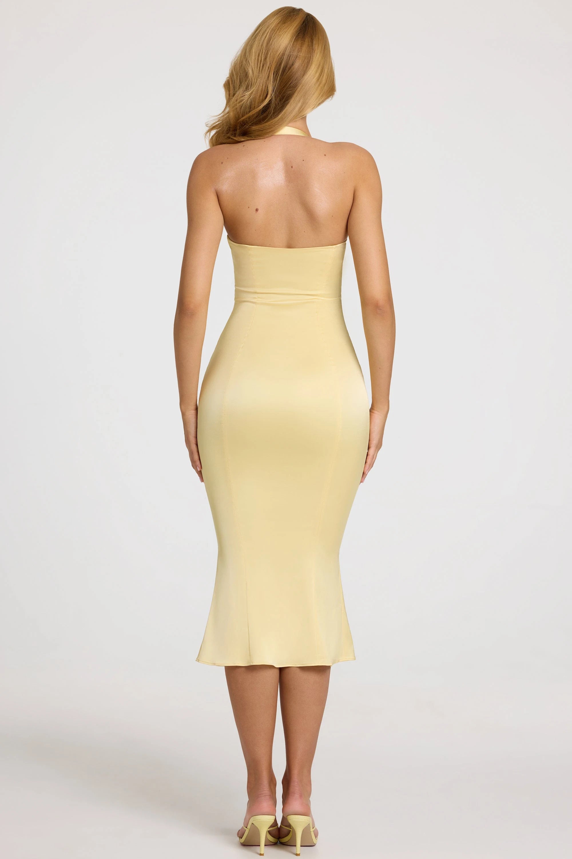 Elegant Mermaid Sweetheart Halter Sleeveless Sleek Pale Yellow Midi Prom Dress