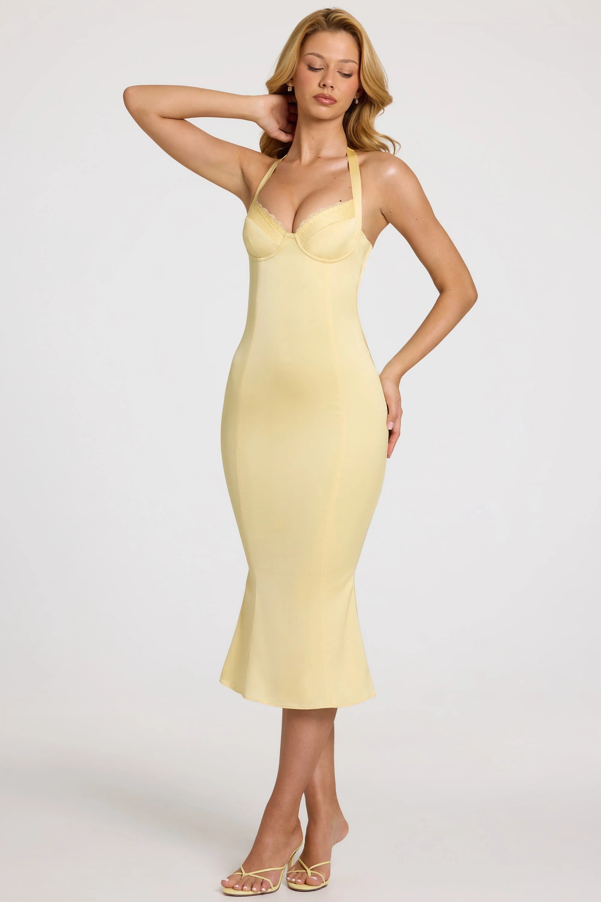 Elegant Mermaid Sweetheart Halter Sleeveless Sleek Pale Yellow Midi Prom Dress