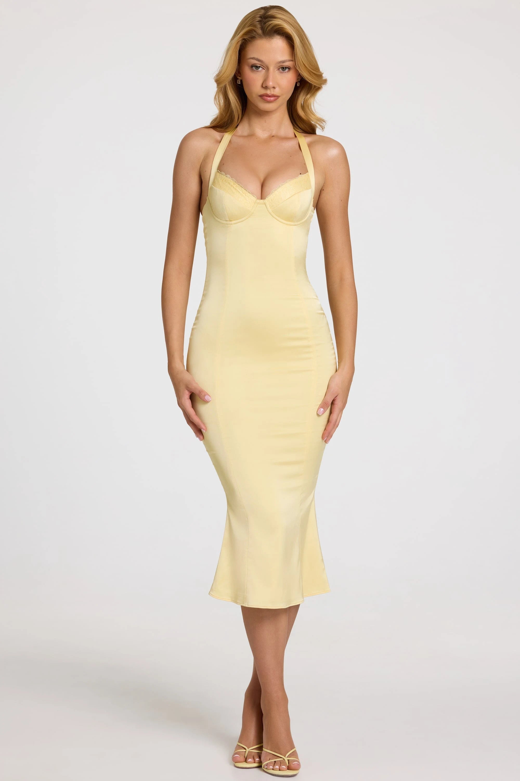 Elegant Mermaid Sweetheart Halter Sleeveless Sleek Pale Yellow Midi Prom Dress