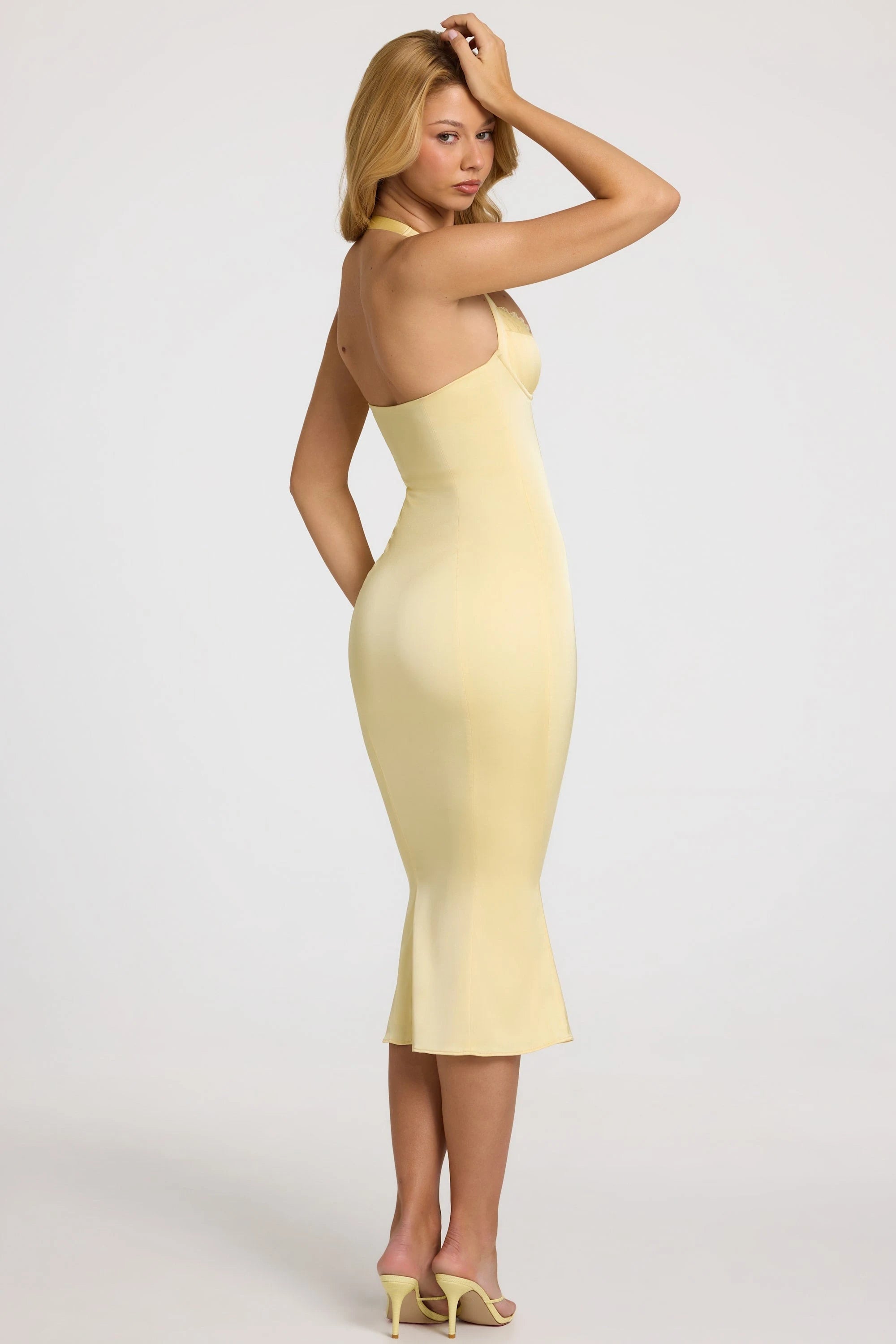 Elegant Mermaid Sweetheart Halter Sleeveless Sleek Pale Yellow Midi Prom Dress