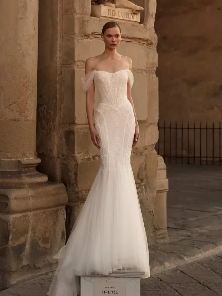 Elegant Mermaid Sweetheart Off-Shoulder Corset Lace Ivory Floor-Length Wedding Dresses Gown