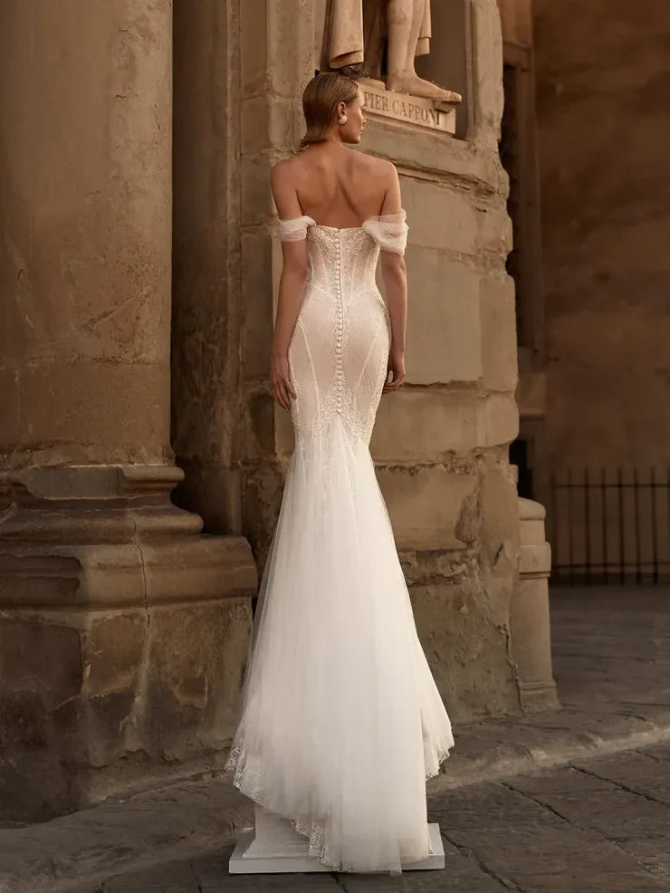 Elegant Mermaid Sweetheart Off-Shoulder Corset Lace Ivory Floor-Length Wedding Dresses Gown