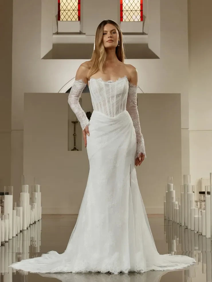 Elegant Mermaid Sweetheart Off-Shoulder Corset White Floor-Length Wedding Gown