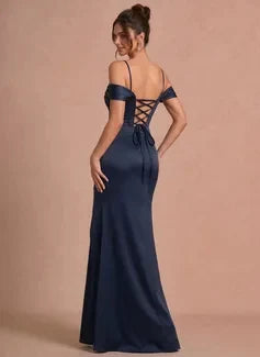 Elegant Mermaid Sweetheart Off-Shoulder Draped Navy Floor-Length Prom Dresses For Women Online