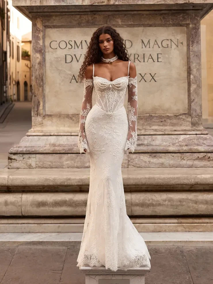 Elegant Mermaid Sweetheart Off-Shoulder Pearl Lace Ivory Floor-Length Wedding Dresses Bride Gown