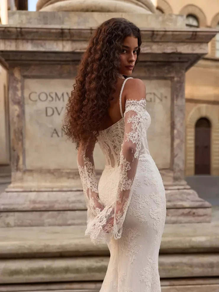 Elegant Mermaid Sweetheart Off-Shoulder Pearl Lace Ivory Floor-Length Wedding Dresses Bride Gown