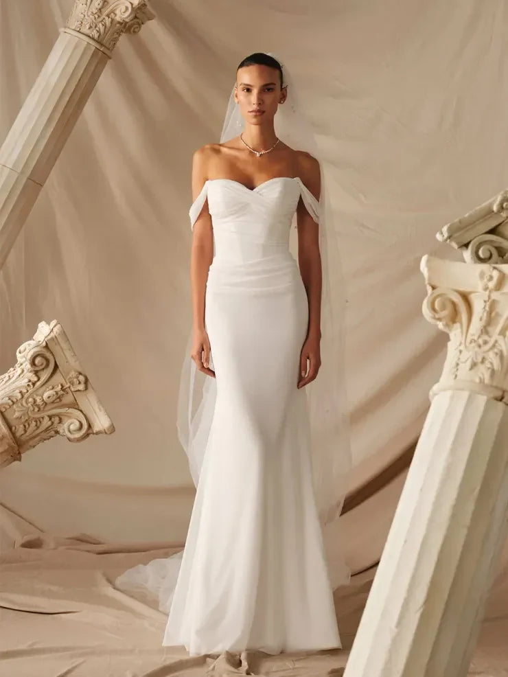 Elegant Mermaid Sweetheart Off-Shoulder Romantic Ivory Floor-Length Wedding Dresses Bride Gown