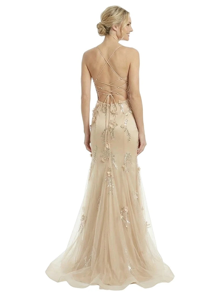 Elegant Mermaid Sweetheart Sleeveless Beaded Floral Nude Floor-Length Prom Dresses Gown
