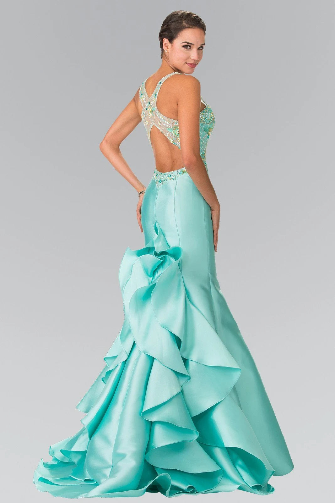 Elegant Mermaid Sweetheart Sleeveless Beaded Open-Back Teal Floor-Length Prom Gown