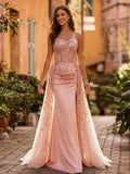 Elegant Mermaid Sweetheart Sleeveless Beaded Overlay Blush Pink Floor-Length Prom Dresses Women's Gown
