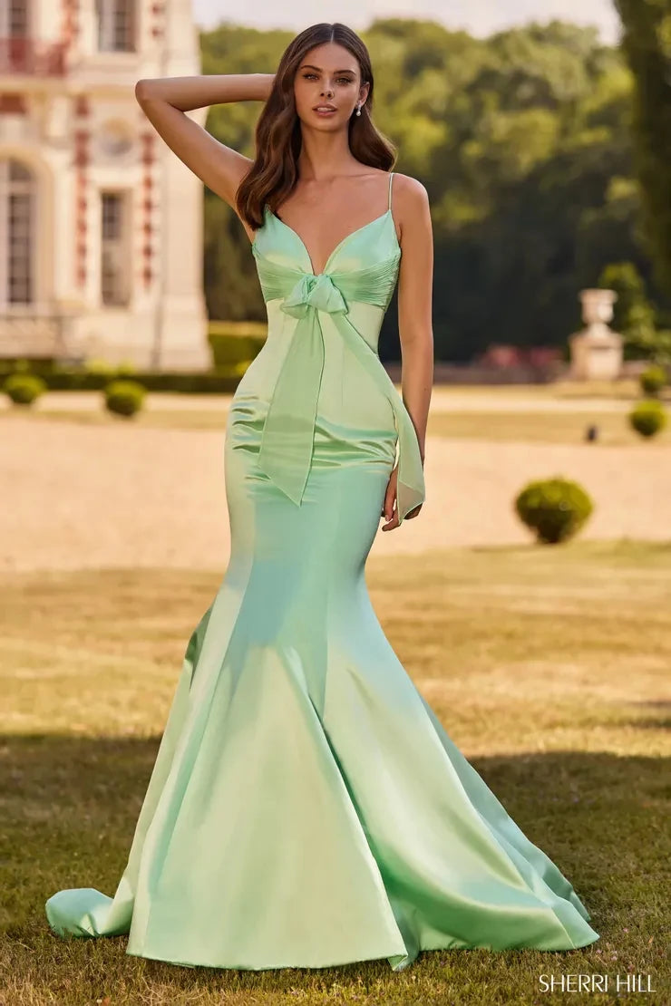Elegant Mermaid Sweetheart Sleeveless Bow Draped Mint Long Prom Dresses Women