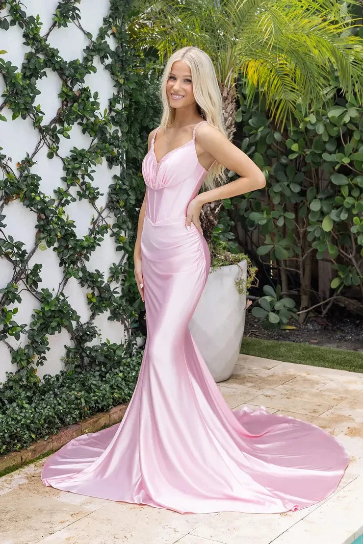 Elegant Mermaid Sweetheart Sleeveless Corset Draped Pink Long Prom Dresses Women