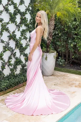 Elegant Mermaid Sweetheart Sleeveless Corset Draped Pink Long Prom Dresses Women