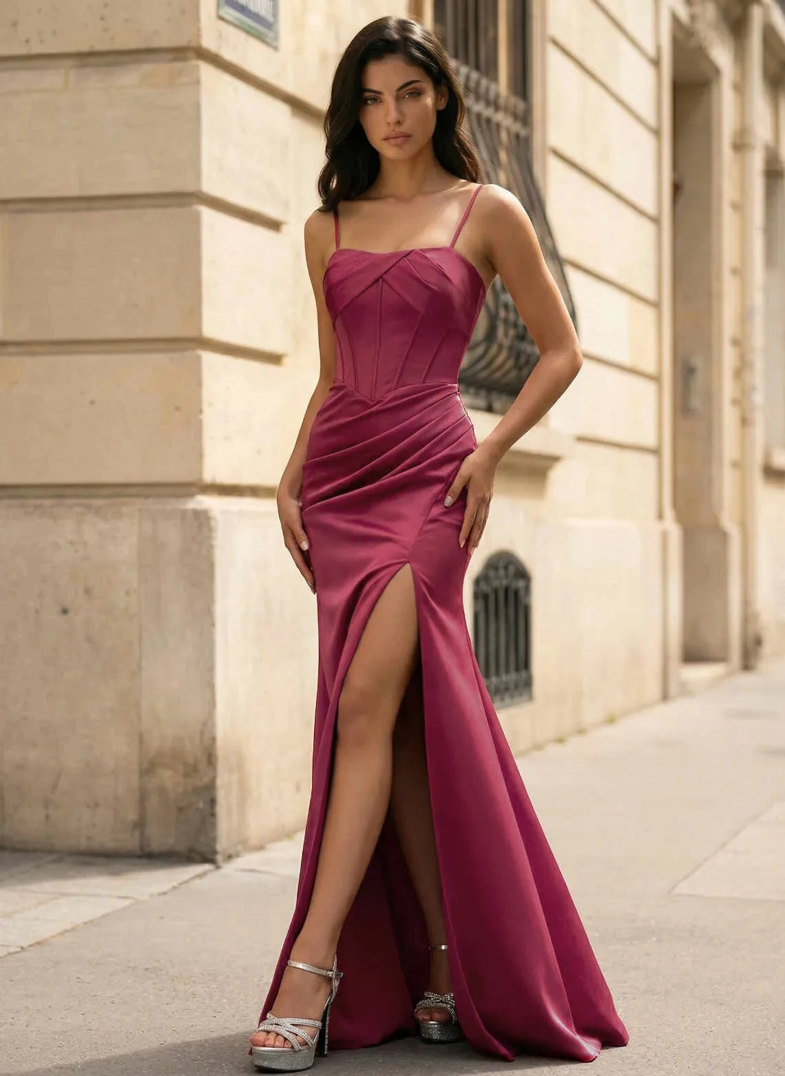Elegant Mermaid Sweetheart Sleeveless Corset High Slit Wine Red Floor-Length Prom Gown