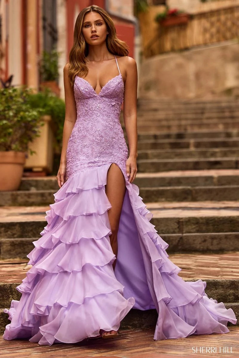 Elegant Mermaid Sweetheart Sleeveless High Slit Tiered Ruffle Lavender Prom Dress